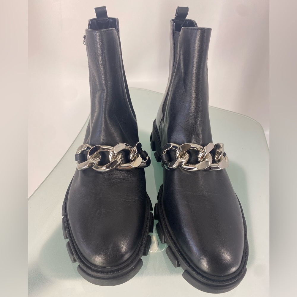 Michael Kors Chain Ankle Boots | Black Leather Lug Sole | Size 9.5 - Picture 2 of 10